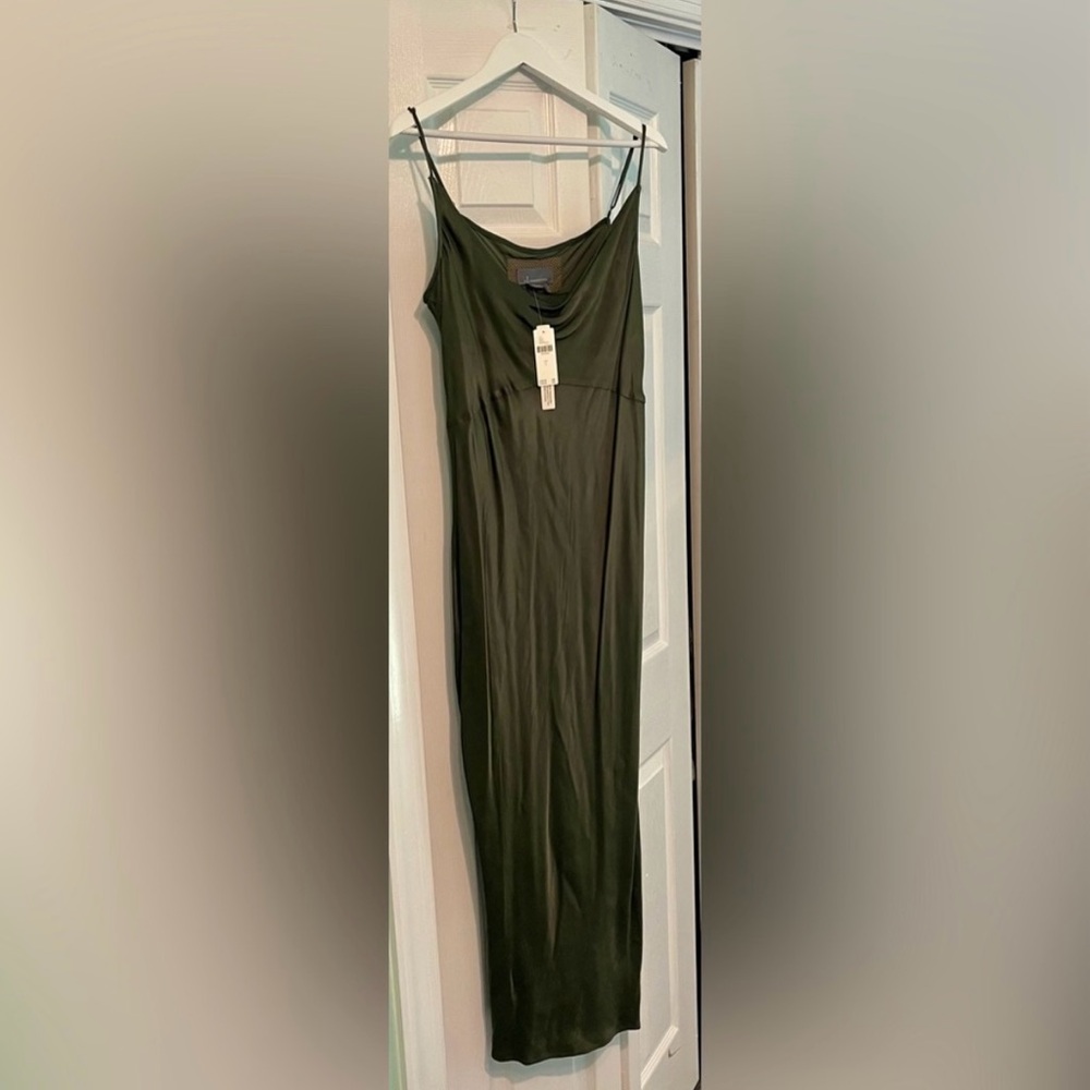 Anthropologie Olive Green, Satin Sleeveless Spaghetti Strap Slip, Maxi Dress